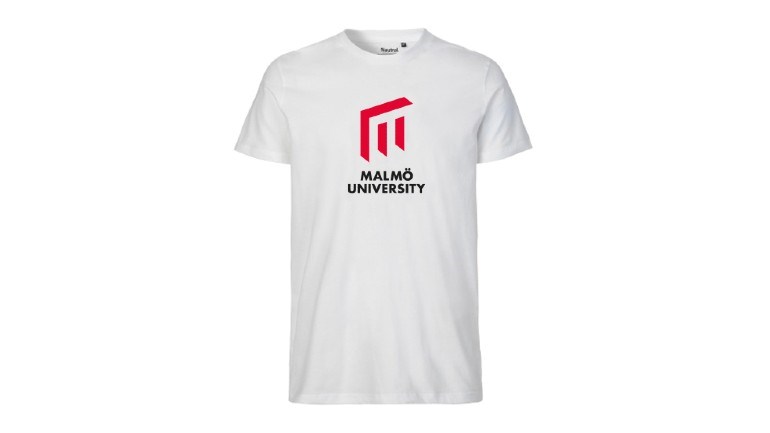 Vit T-shirt med Malmö universitets logotyp.