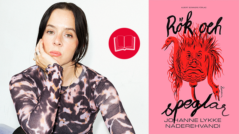 Johanne Lykke Naderehvandi och omslaget på boken Rök och Speglar