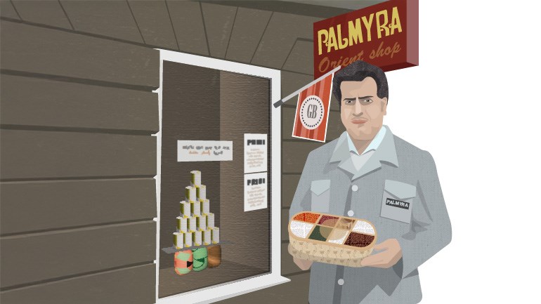 Tecknad bild på butiken Palmyra