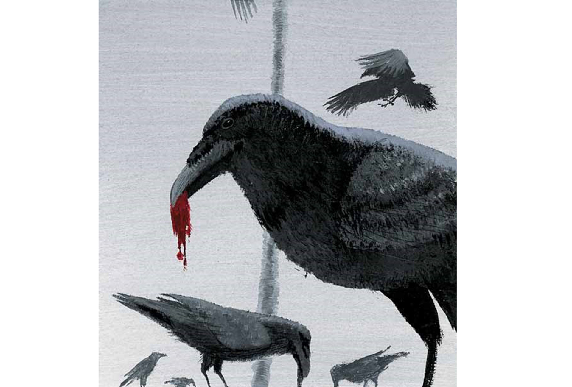 illustration av svart fågel med något blodigt i munnen
