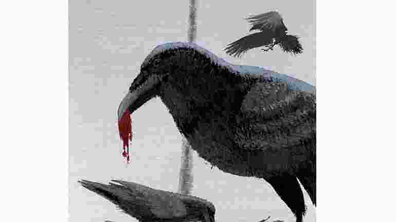 illustration av svart fågel med något blodigt i munnen