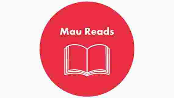 Röd cirkel, illusration uppslagen bok i vitt, texten Mau Reads