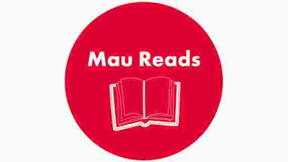 REd cirkel with text Mau Reads och en uppslagen tecknad bok