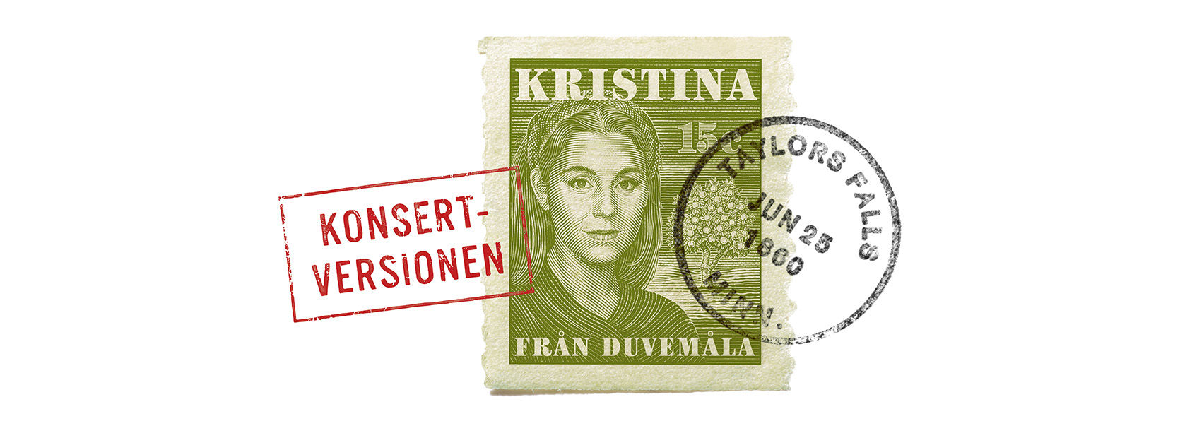 Visar ett frimärke med en bild från musikalen Kristina Från Duvemåla