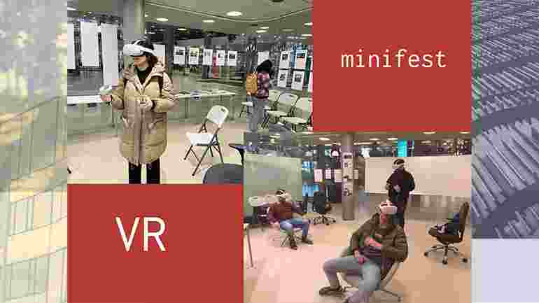 Kollage med studenter som testar VR.