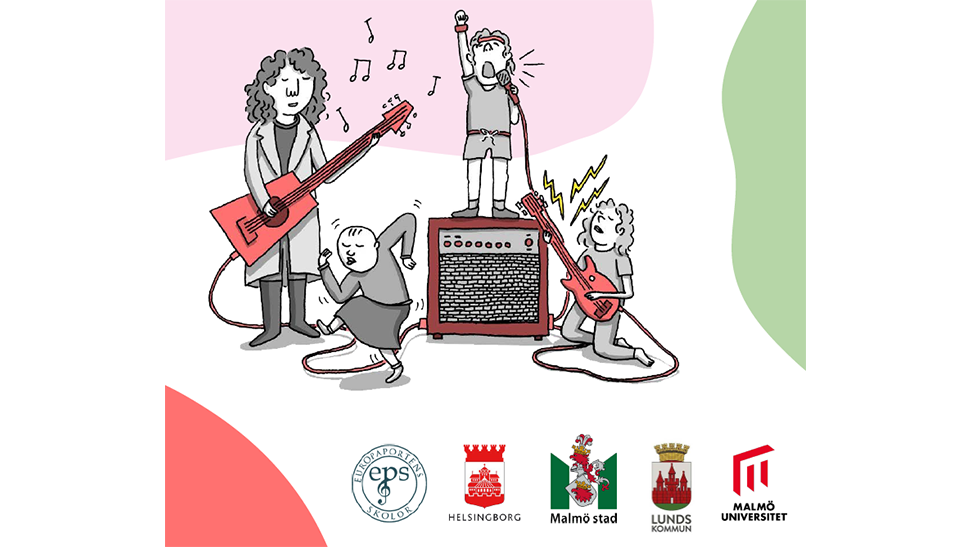 Grafik med musicerande barn. Logotyper för Europaportens skolor, Helsingborgs stad, Malmö stad, Lunds kommun och Malmö universitet.