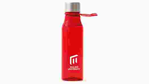 Red water bottle with Malmö University logo.