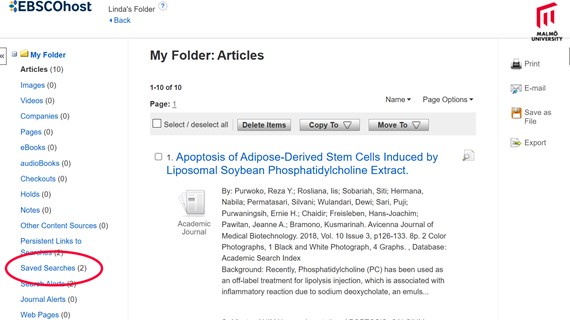 Ebsco screenshot of Saved Searches
