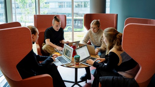 Studenter gör grupparbete runt bord.