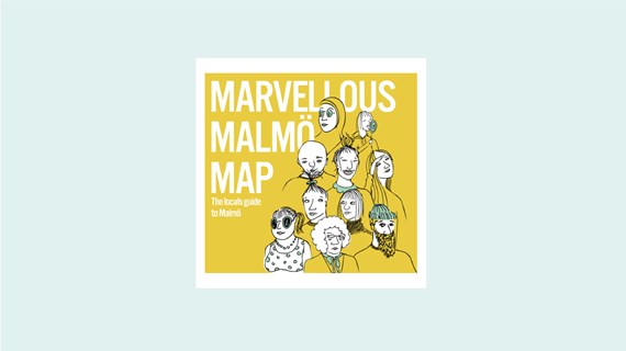 Text: Marvellous Malmö map, the locals guide to Malmö. Illustration: ritade personer.