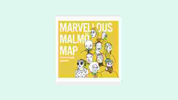 Text: Marvellous Malmö map, the locals guide to Malmö. Illustration: ritade personer.