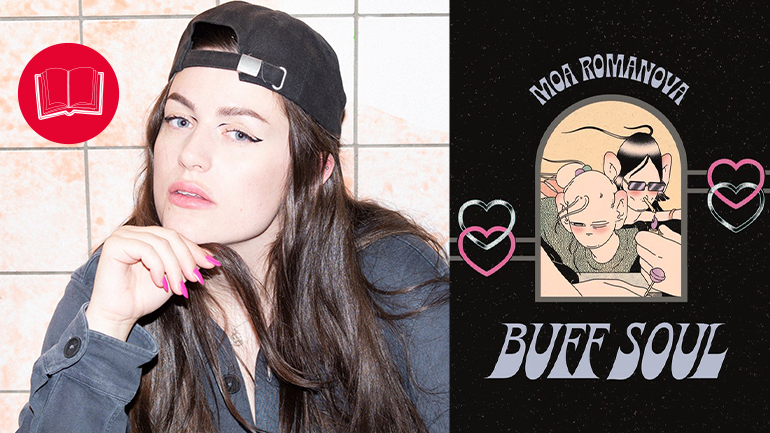 Författaren Moa Romanova i keps och hoodie och omslaget på boken Buff Soul.