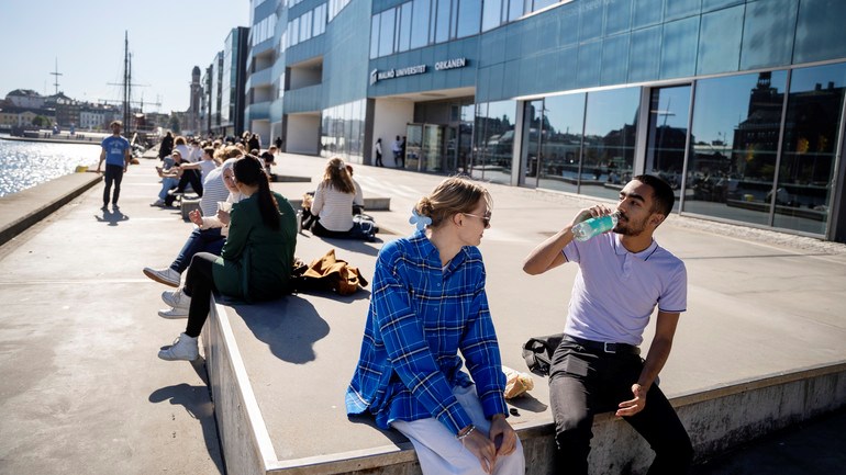 Studenter äter lunch i solen.