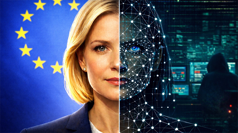 Kvinnligt ansikte, ena halvan AI